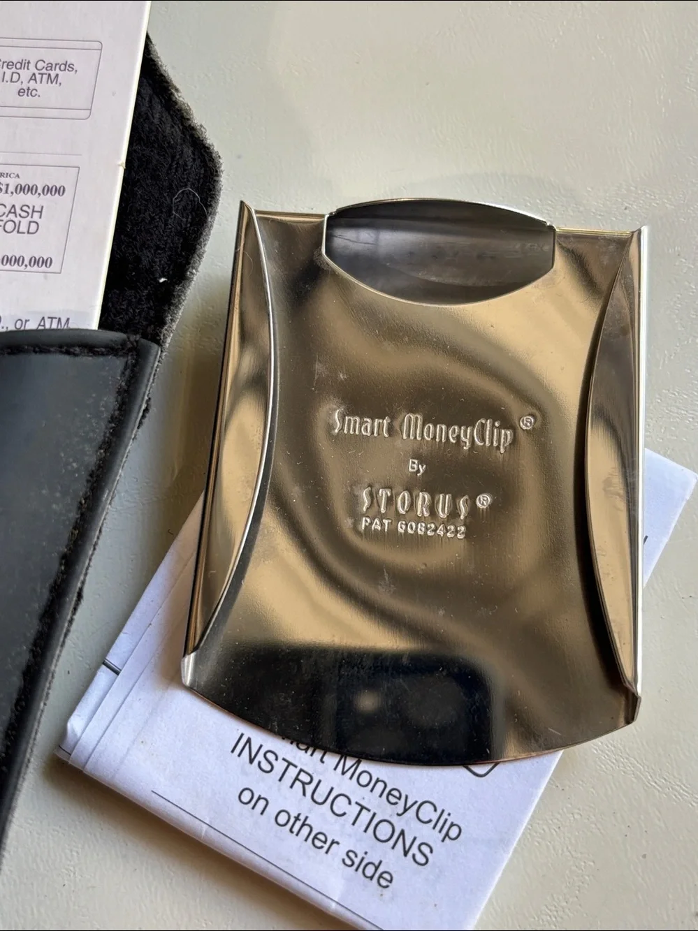 Smart MoneyClip Stainless Steel Money Clip with Black Leather Sleeve